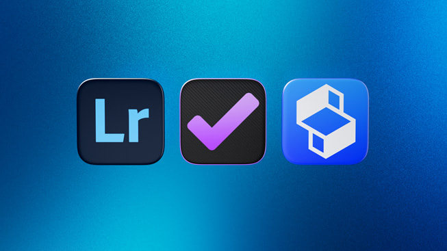 Symboler representerer finalistene til årets Mac-app i 2024: Adobe Lightroom, OmniFocus 4 og Shapr3D.