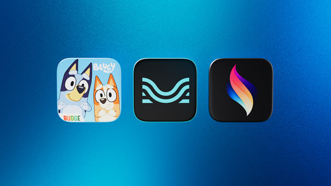 Symboler representerer finalistene til årets iPad-app i 2024: Bluey: Let’s Play, Moises og Procreate Dreams.