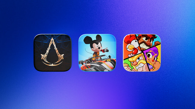 Symboler representerer finalistene til årets iPad-spill i 2024: Assassin’s Creed Mirage, Disney Speedstorm og Squad Busters.