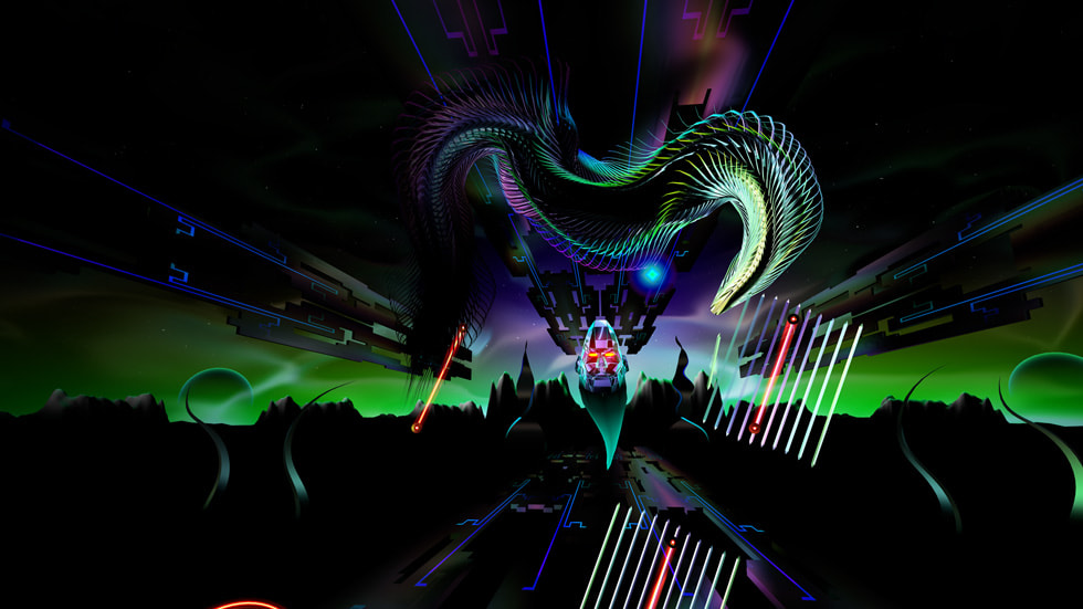 Et skærmbillede fra THRASHER: Arcade Odyssey på Apple Vision Pro.