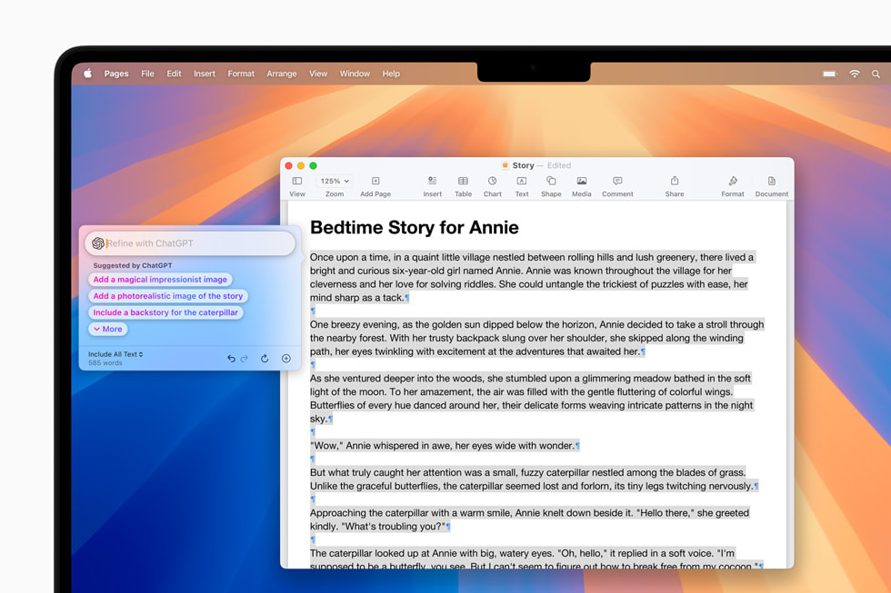 Skrivverktyg med ChatGPT-integrering visas i Pages i macOS Sequoia.
