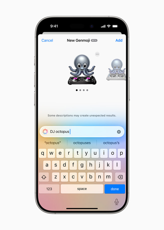 En dj i form av en Genmoji-bläckfisk visas på iPhone 16 Pro.