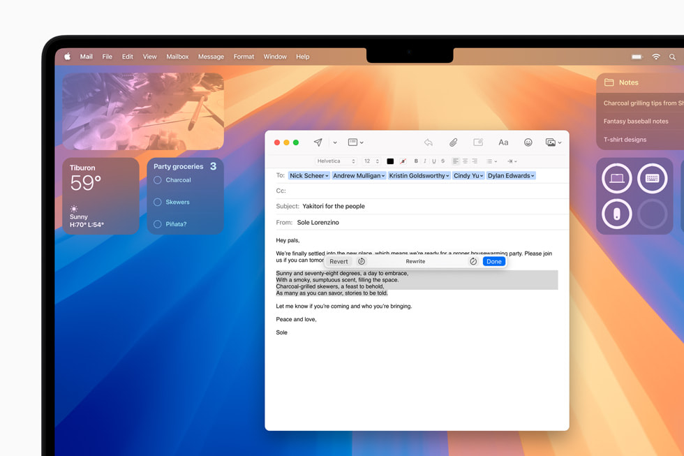 Upplevelsen Beskriv din förändring i funktionen Skrivverktyg visas i Mail i macOS Sequoia. 