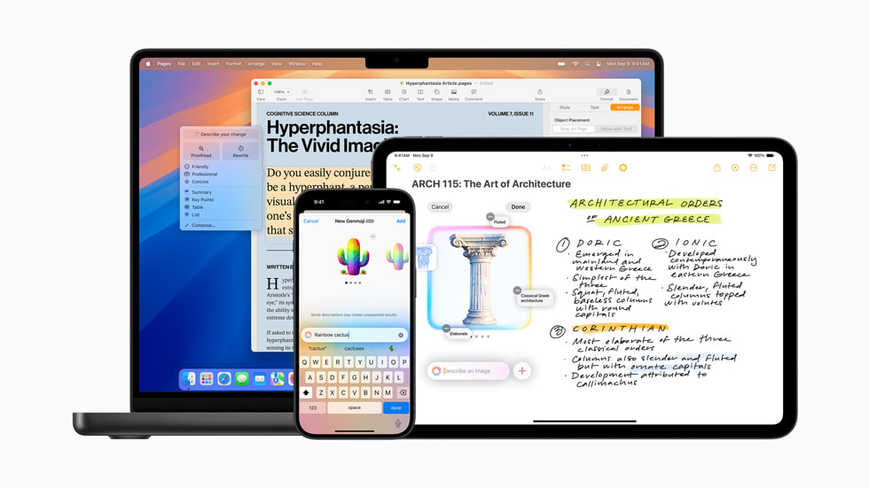 Funktionerna Skriv om, Genmoji och Image Playground visas på MacBook Pro, iPhone 16 och iPad Pro.