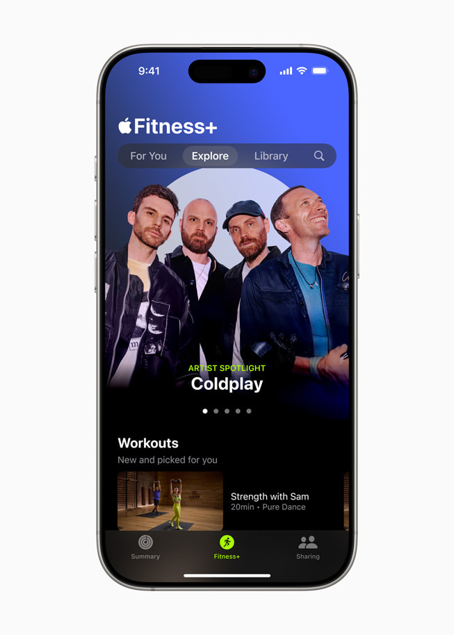 El entrenamiento de Artista en Detalle con música de Coldplay de Apple Fitness+ en un iPhone 16.