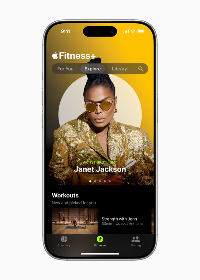 El entrenamiento de Artista en Detalle con música de Janet Jackson de Apple Fitness+ en un iPhone 16.
