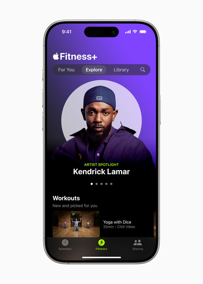 El entrenamiento de Artista en Detalle con música de Kendrick Lamar de Apple Fitness+ en un iPhone 16.