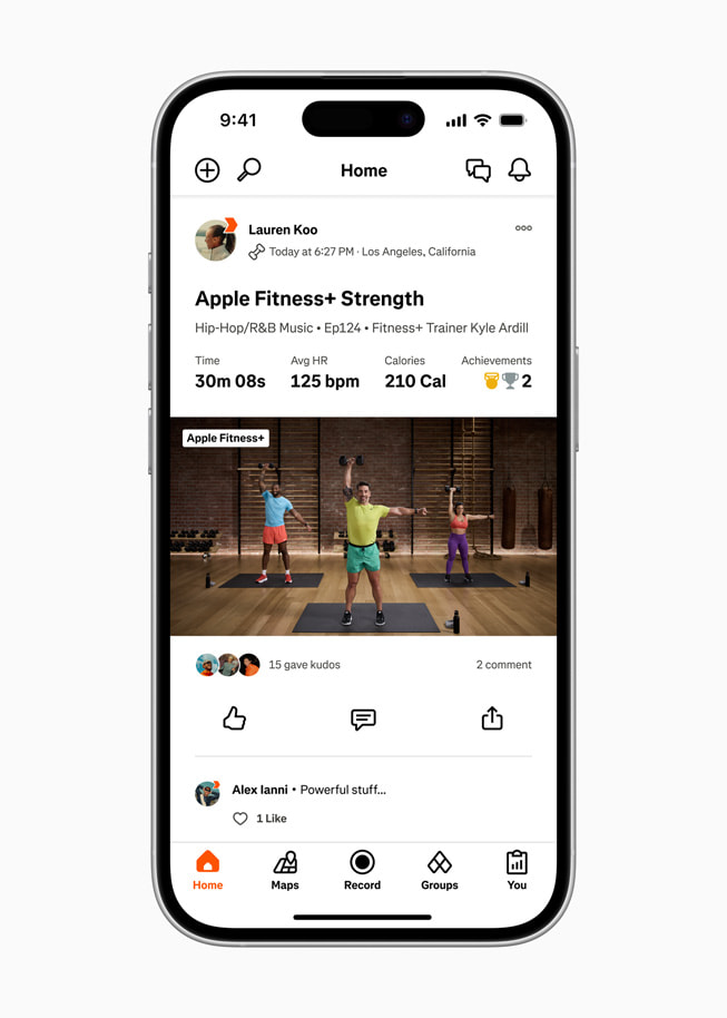 Un entrenamiento de fuerza de Apple Fitness+ en la app Strava en un iPhone 16 Pro.