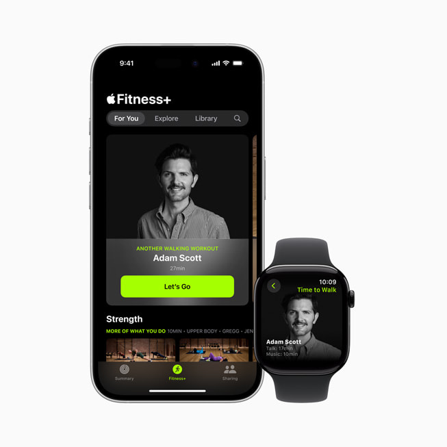 El episodio de Hora de Andar con Adam Scott de Apple Fitness+ en un iPhone 16 y un Apple Watch.