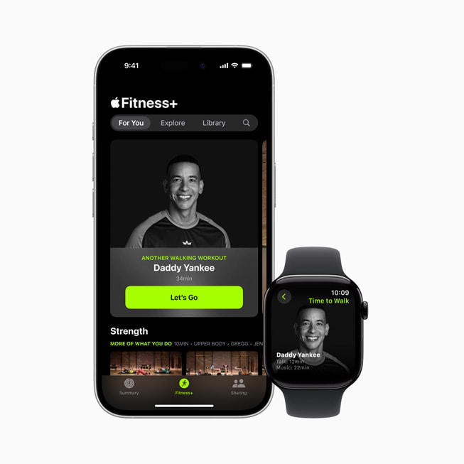 El episodio de Hora de Andar con Daddy Yankee de Apple Fitness+ en un iPhone 16 y un Apple Watch.