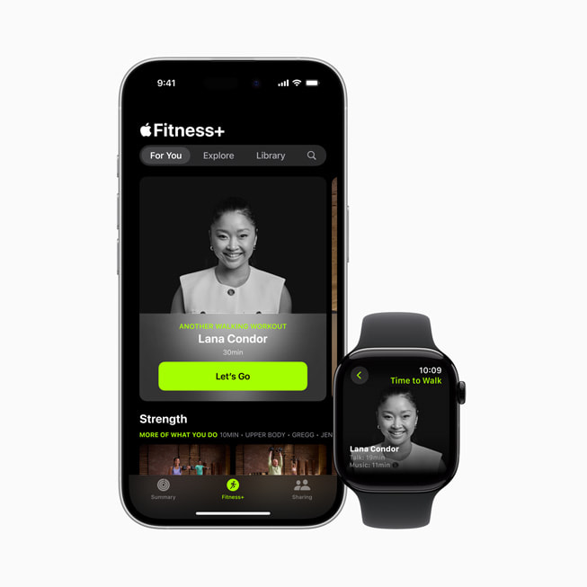 El episodio de Hora de Andar con Lana Condor de Apple Fitness+ en un iPhone 16 y un Apple Watch.