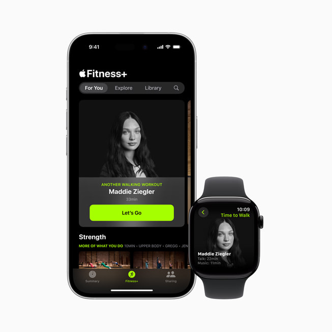 El episodio de Hora de Andar con Maddie Ziegler de Apple Fitness+ en un iPhone 16 y un Apple Watch.