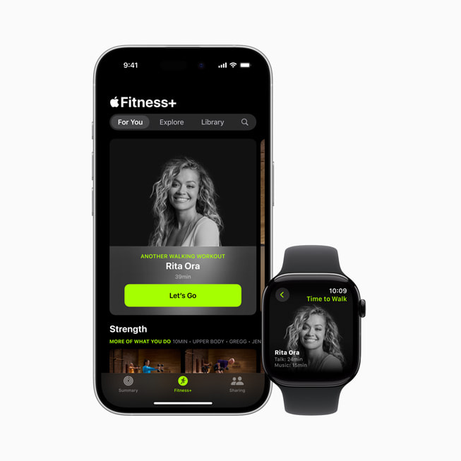 El episodio de Hora de Andar con Rita Ora de Apple Fitness+ en un iPhone 16 y un Apple Watch.