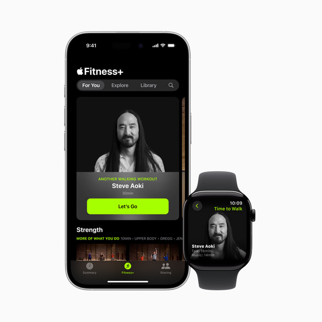El episodio de Hora de Andar con Steve Aoki de Apple Fitness+ en un iPhone 16 y un Apple Watch.