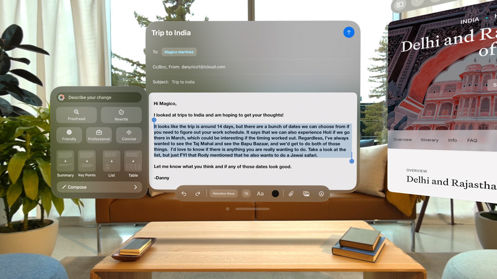 Les Outils d’écriture, alimentés par Apple Intelligence, sont présentés sur l’Apple Vision Pro.