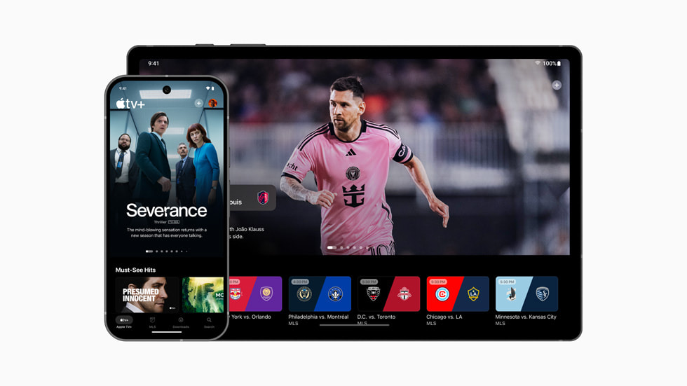 Se muestra la app Apple TV para Android en un móvil y una tablet.