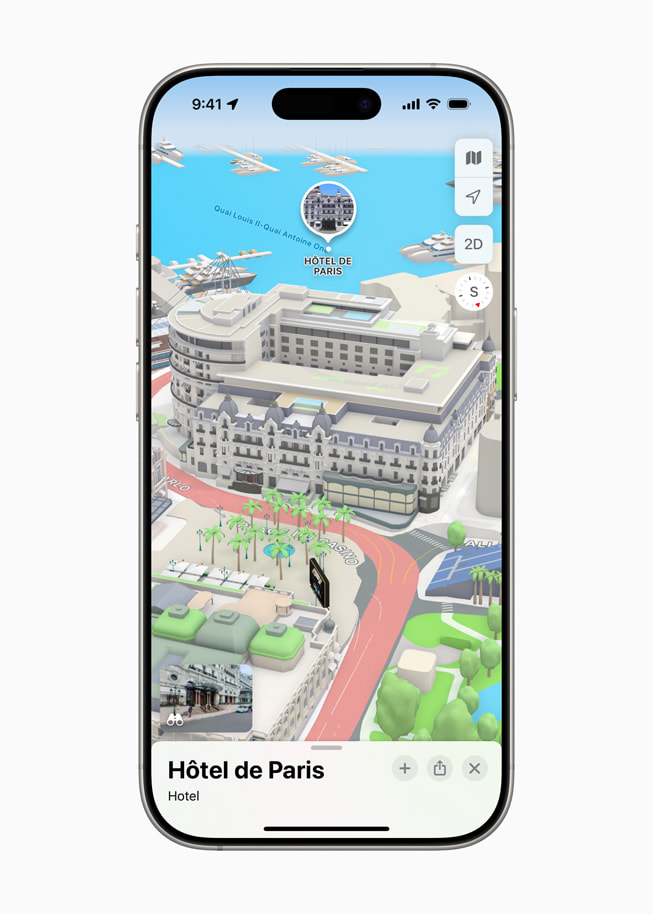 On iPhone 16 Pro, Apple Maps shows a 3D landmark of the Hôtel de Paris Monte-Carlo.