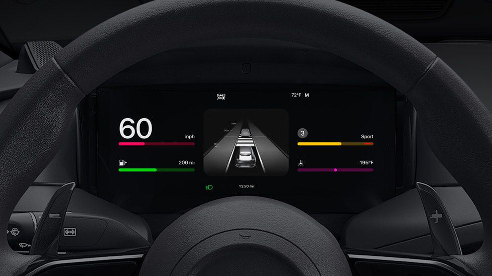 A CarPlay Ultra instrument cluster theme shows multi-coloured bars for various measurements.