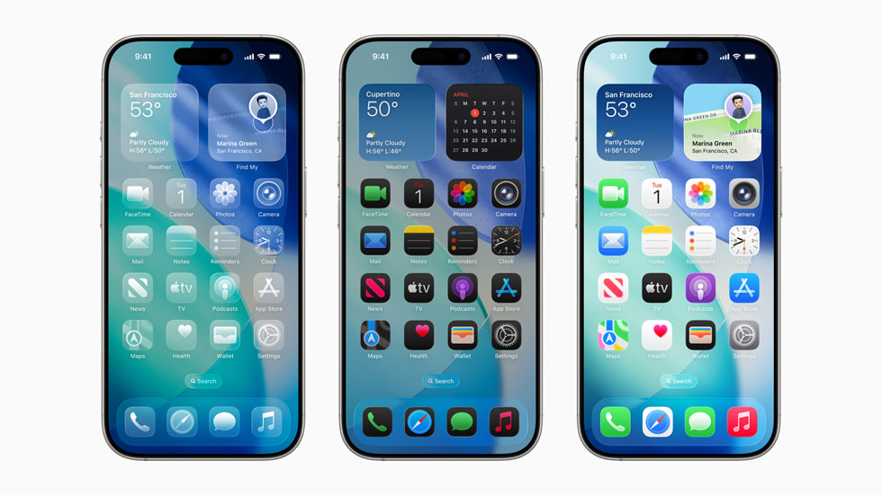 Hình ảnh thiết kế mới với Liquid Glass trên ba thiết bị iPhone 16 Pro.