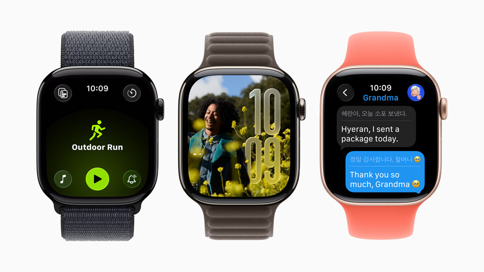 Tre Apple Watch-enheter visar watchOS 26-upplevelsen.
