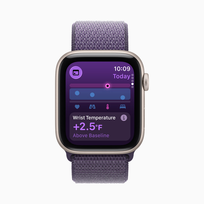 Immagine di un Apple Watch SE 3 che mostra i dettagli del rilevamento della temperatura del polso.