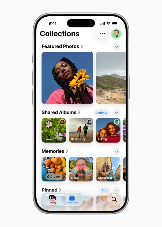 iPhone 17 Pro 顯示「照片」app，其中包含「精選照片」、「共享的相簿」、「回憶」，以及「已釘選」的照片等「選集」。