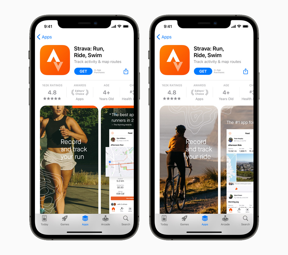 App Store의 Strava 앱을 보여주는 iPhone 12 Pro.
