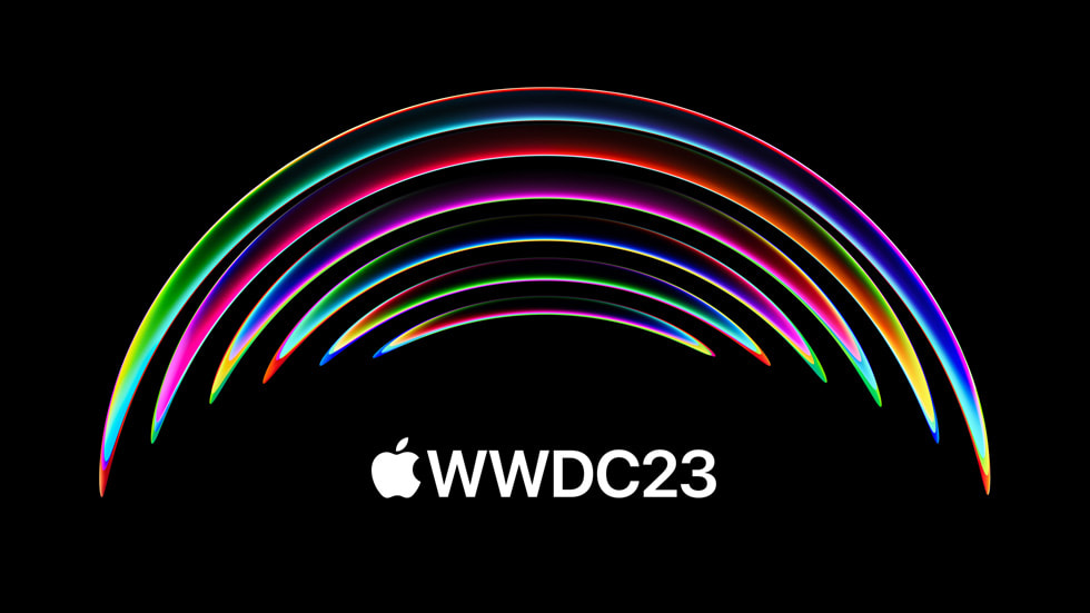 Et kunstverk med en metallisk regnbue mot en svart bakgrunn med Apple-logoen og teksten WWDC23.