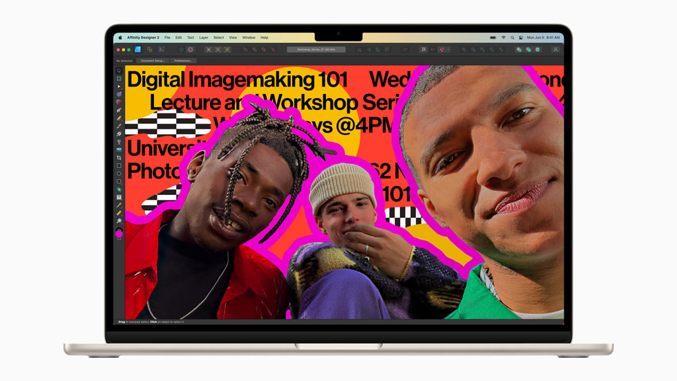 Et projekt i Affinity Designer 2 vist på 15" MacBook Air i farven stjerneskær.