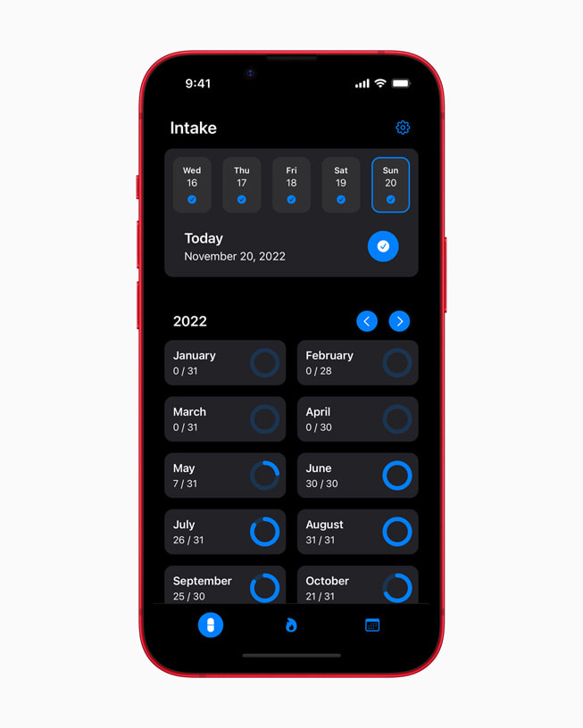 Preppy app’s Intake page on iPhone 14 in PRODUCT(RED).