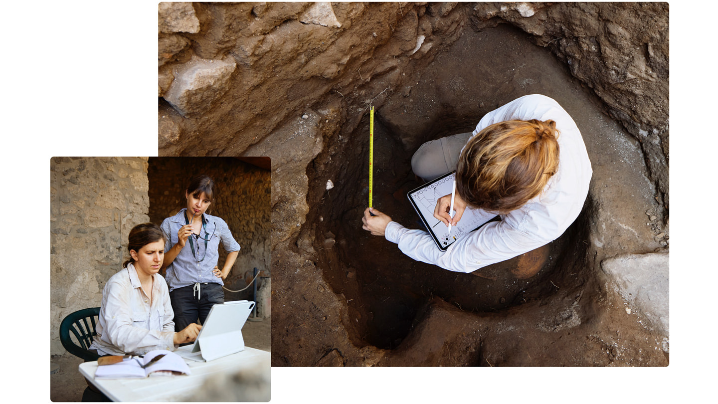 TKTK La imagen principal muestra a Farrior en una excavación midiendo y dibujando con el Apple Pencil en un iPad Pro. Una imagen más pequeña muestra a Farrior sentada en un escritorio frente a un iPad Pro con el Magic Keyboard y a la Dra. Emmerson detrás de ella observando.