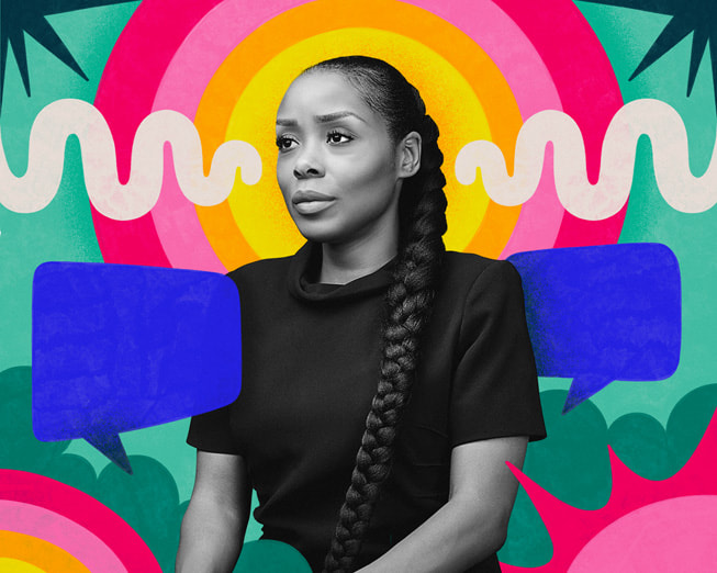 Wisdom founder Dayo Akinrinade is shown in black-and-white against a colourful illustrated background.