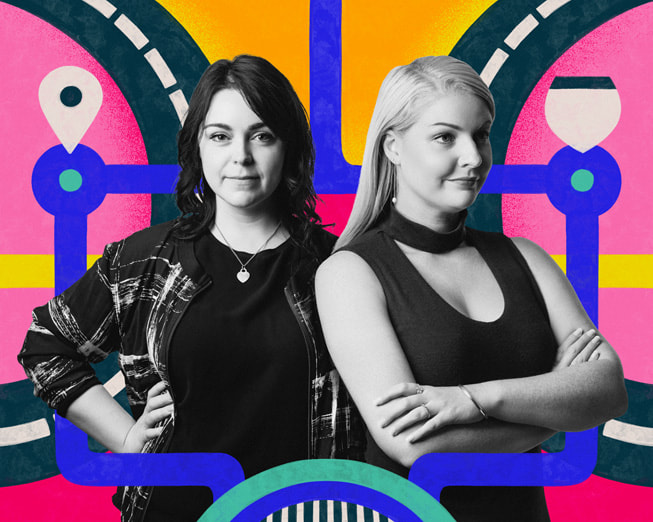 Dinosaur Polo Club’s Niamh Fitzgerald and Chantelle Cole are shown in black-and-white against a colourful illustrated background.