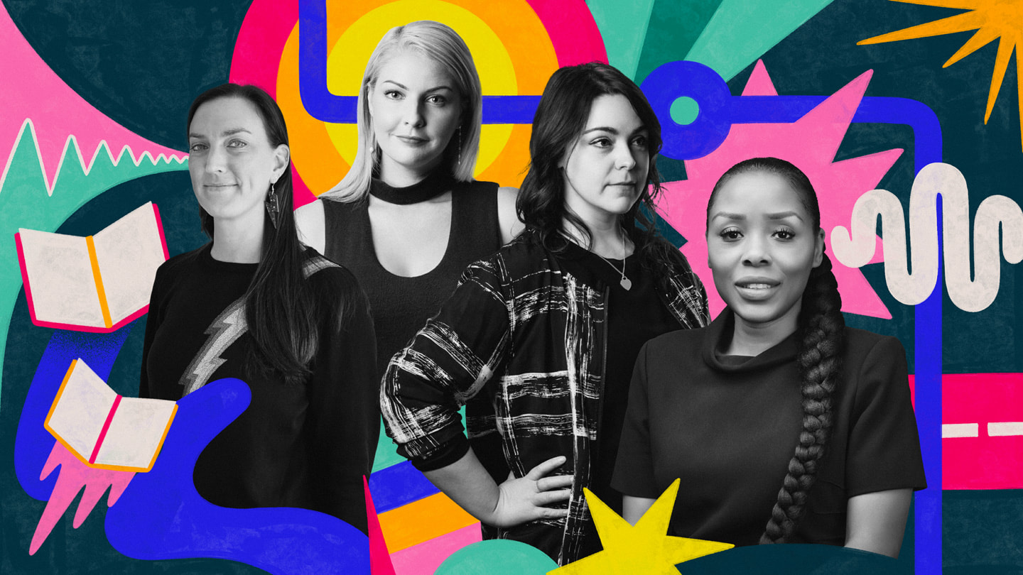 Jes Wolfe of Rebel Girls, Chantelle Cole and Niamh Fitzgerald of Dinosaur Polo Club, and Dayo Akinrinade of Wisdom are pictured in a black-and-white collage set against a colourful illustrated background.