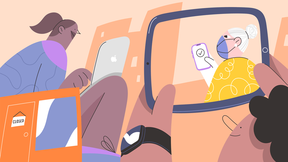 Illustration de personnes utilisant des appareils Apple pour se connecter à leurs proches.