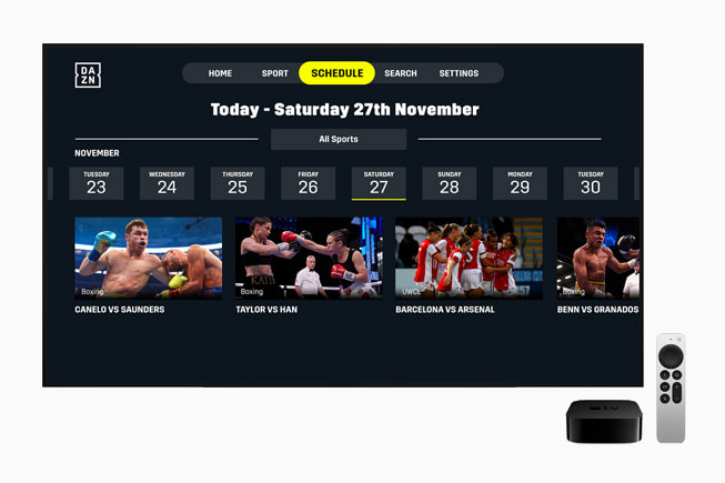 DAZN Groupが開発した「DAZN」に表示されたスポーツイベントのスケジュール。