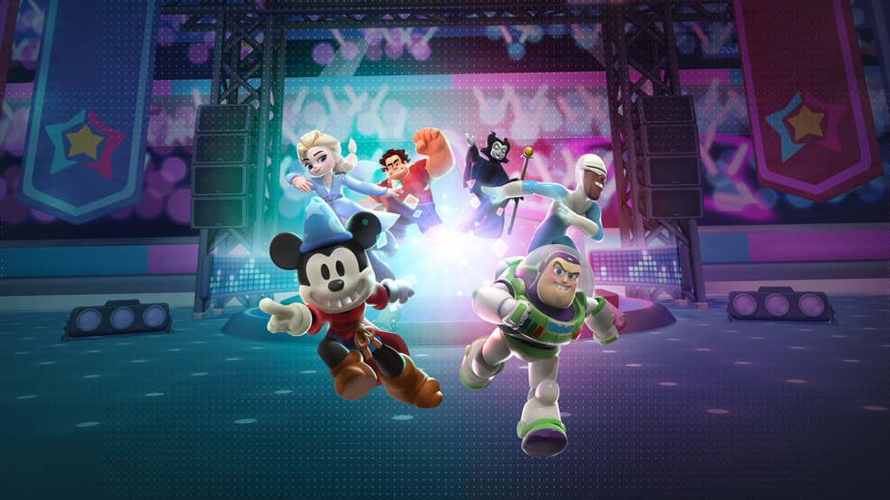 Animerede figurer fra det nye Apple Arcade-spil “Disney Melee Mania” omfatter Mickey Mouse og Buzz Lightyear.