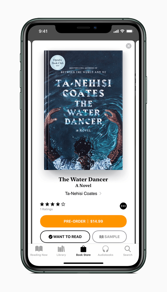 شاشة الطلب المسبق لرواية The Water Dancer في تطبيق Apple Books على iPhone 11 Pro.
