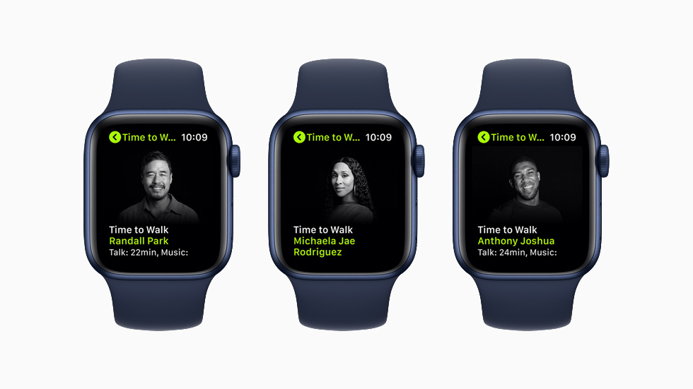 Randall Park, Michaela Jaé « MJ » Rodriguez et Anthony Joshua, à l’honneur dans de nouveaux épisodes de Pace à la marche, sur Apple Watch Series 6.