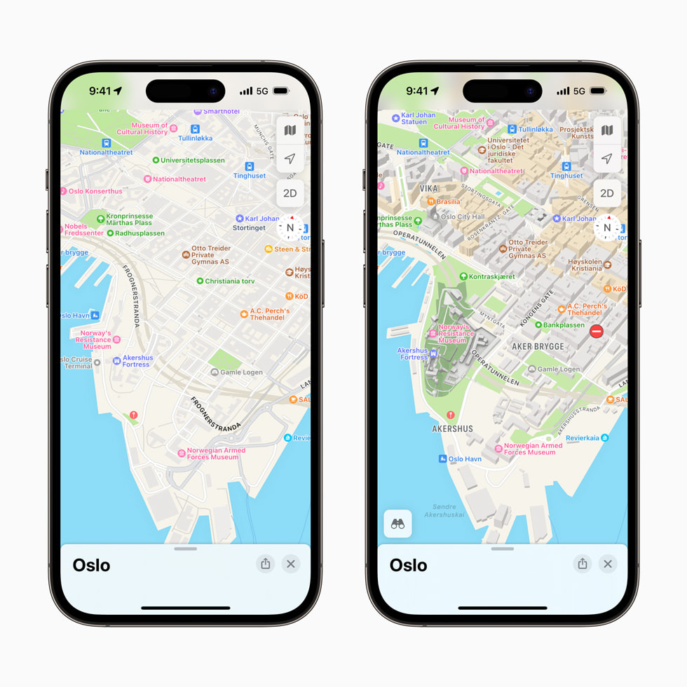 Sammenligning av bilder i den oppdaterte Kart-appen viser et mer detaljert bilde av Oslo i forhold til tidligere, på iPhone 14 Pro.