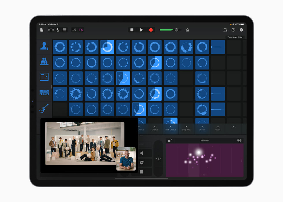 GarageBand에서 “Darl+ing”의 Live Loops 인터페이스를 보여주는 iPad Pro.