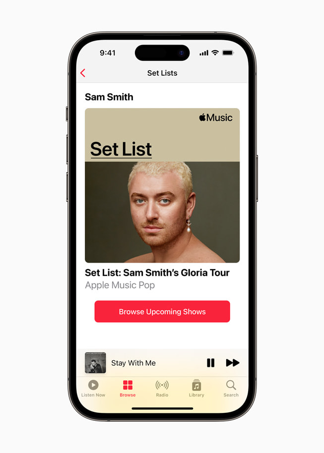 Sam Smiths sætliste i Apple Music vises på iPhone 14 Pro. 