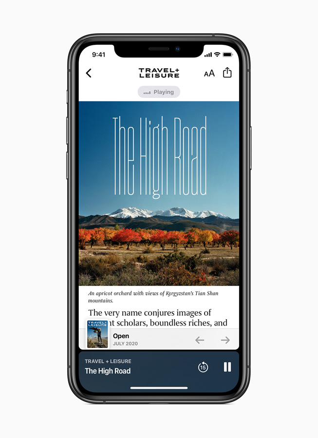 Un reportage audio Apple News+ tiré du magazine Travel + Leisure, sur iPhone 11 Pro.