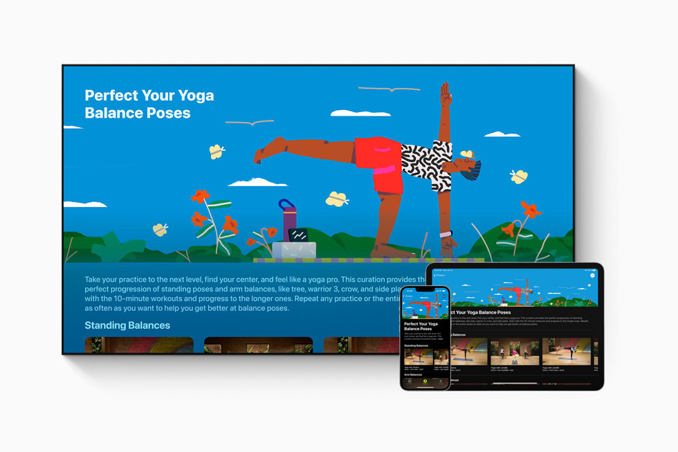 Et udvalg af Samlinger fra Fitness+ på iPhone 13 Pro, iPad Pro og et Smart-TV.