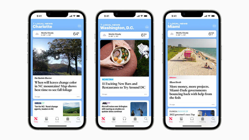 Apple News-appens lokale nyheder for Charlotte, Miami og Washington, D.C på iPhone 13 Pro.