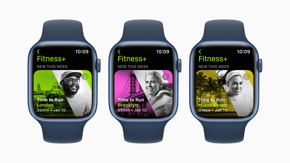 Tre Apple Watch Series 7-enheder med Tid til at løbe-episoder fra London, Brooklyn og Miami Beach.