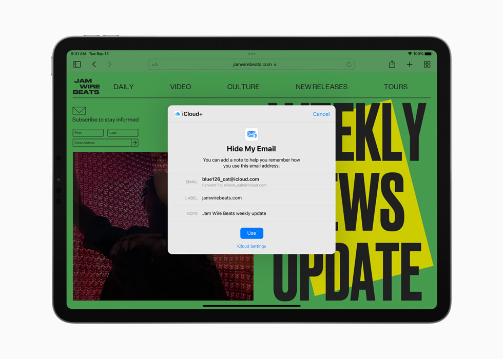 Skjul min e-mailadresse-funktionen med iCloud+ på iPad Pro.