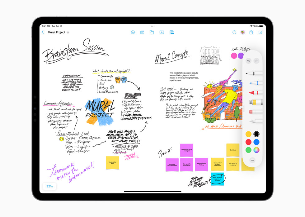 Freeform har notater med Skrible og et stort antall tegneverktøy på iPad Pro.