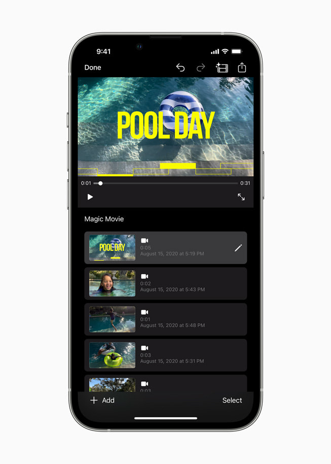 iPhoneのiMovie 3.0に表示された「Pool Day」というタイトルのマジックムービー。