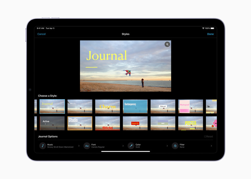 iPad上に表示された、iMovie 3.0のあらかじめ用意された独自のビデオスタイル。